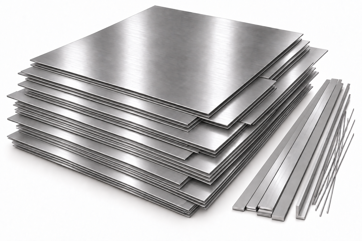 AI-generated illustration of satin stainless steel sheets, flat bars, thin solid rods and an L-shaped angle