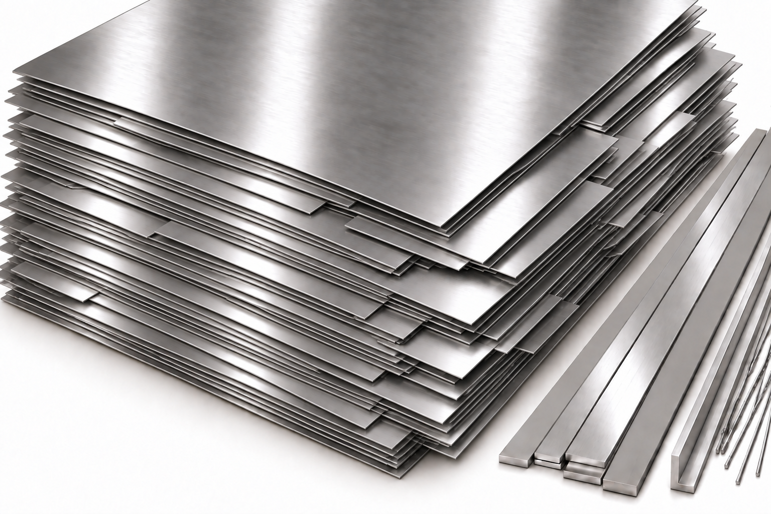 AI-generated illustration of satin stainless steel sheets, flat bars, thin solid rods and an L-shaped angle