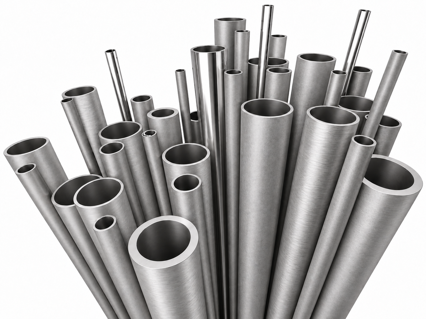 AI-generated illustration of mixed matte and moderately reflective hollow round stainless steel tubes