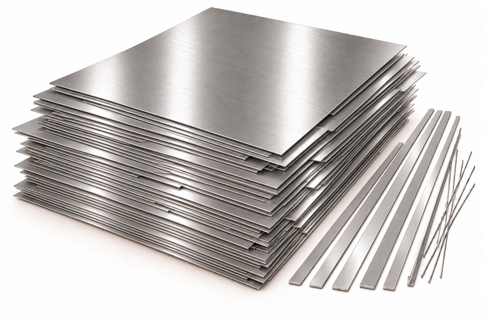 AI-generated illustration of stainless steel sheets, seven long thin flat bars, thin solid rods and an L-shaped angle