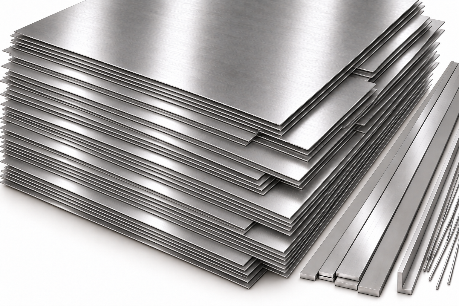 AI-generated illustration of satin stainless steel sheets, flat bars, thin solid rods and an L-shaped angle