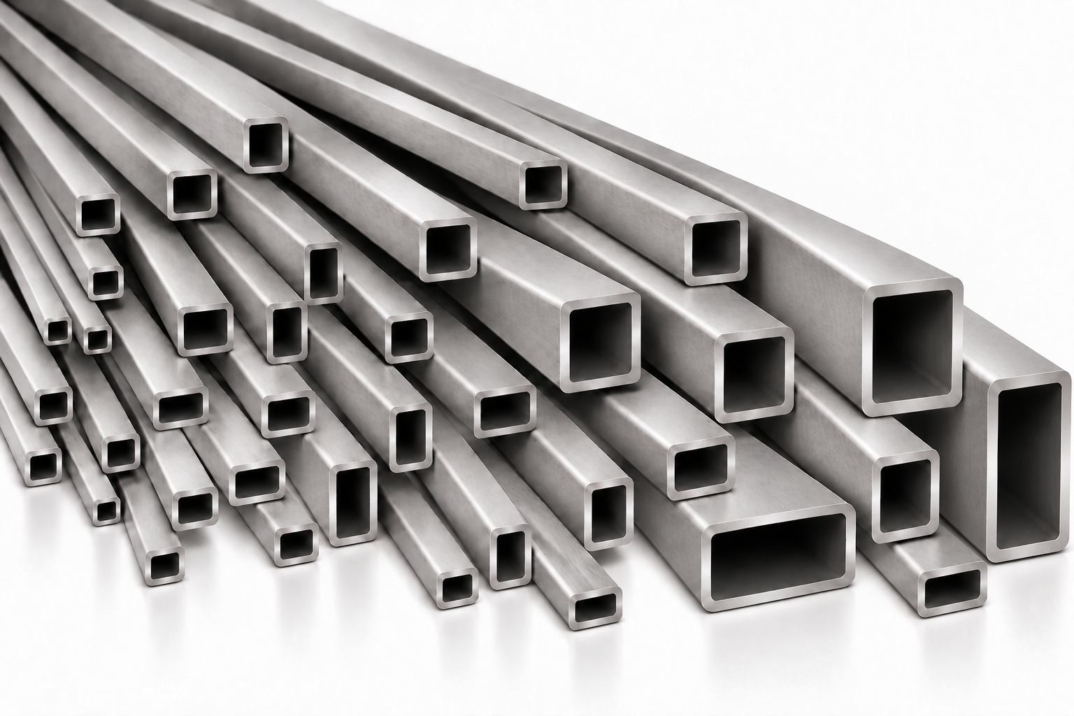 AI-generated illustration of mixed matte and moderately reflective hollow square and rectangular stainless steel tubes